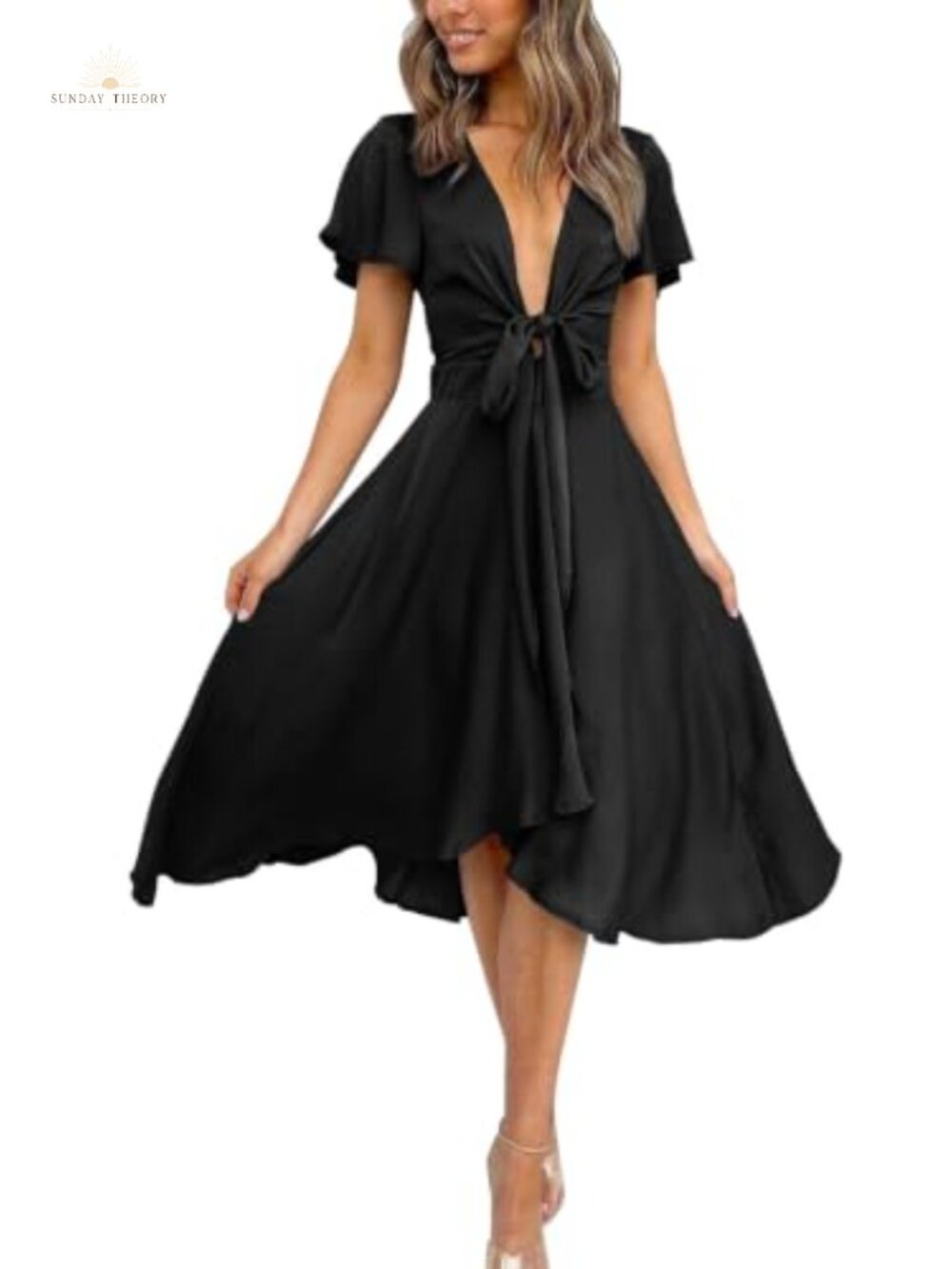 Satin V Neck Ruffle Short Sleeve Tie Front High Waist Midi A-Line Dress